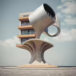 a tall building sits on top of a body of water