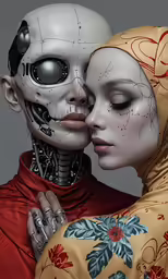 a couple of women wearing skeletons embrace