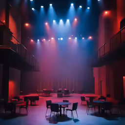 a stage with empty seats and tables in front of some spotlights