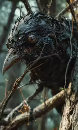 a bird with its head covered in lots of hair
