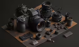 a number of cameras with a backpack and bag near by