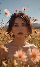 a woman is standing in the middle of a field