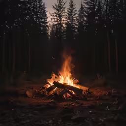 a fire in the dark surrounded by rocks and logs