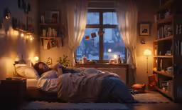 a man laying in bed with a light hanging overhead