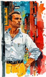 painting of man in white shirt and yellow shorts