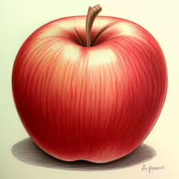 an apple with a few thin lines painted on the top,a drawing of an apple, painted with colored pencils