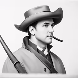 a man in a trench coat and cowboy hat is posing with a pipe