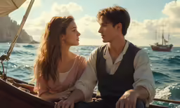 a man and woman on a boat looking each other