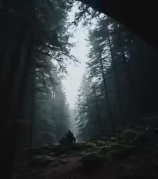 two people sit on a log in the middle of a forest