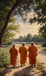 three monks standing together in front of trees
