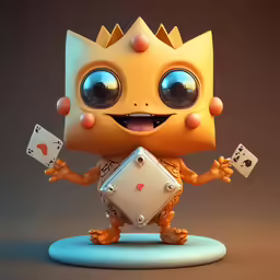 a little gold toy holding two cards