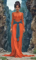 the beautiful young lady is wearing an orange dress