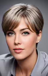 a woman with blonde hair and dark blue eyes