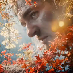a man with an open mouth is surrounded by orange and red leaves