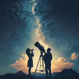 a couple is looking at something with an observation telescope