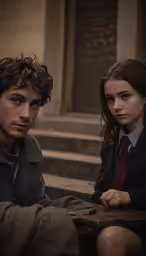 a man in a black coat sitting next to a woman