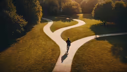 an aerial view of a man walking on a path between two trees