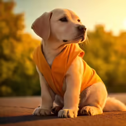 a small dog wearing a yellow shirt is sitting in the dirt