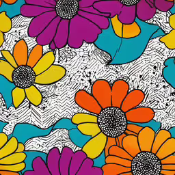 a colorful wallpaper with orange, red, and blue flowers,colorful flowers on a white background with a black and orange frame