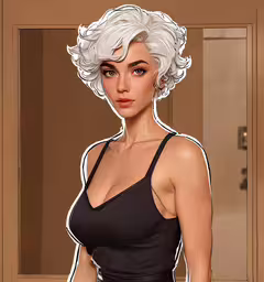 a female cartoon character in a black dress,a young woman wearing black clothing and a short white hair