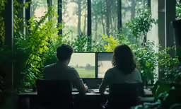a man and a woman sit at a computer desk in front of a window in a dark, green forest
