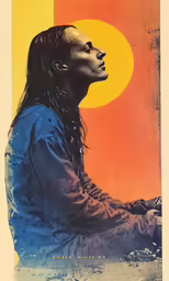 an image of a woman sitting in front of a colorful sun