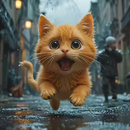 an orange kitten jumping across an icy city street