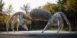 a giant spider sculpture by an intersection with trees in the background