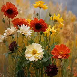 multicolored flowers with multiple petals on a bright day,a bunch of different types of flowers are growing in a vase
