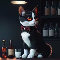 a black and white cat sitting on top of a bar