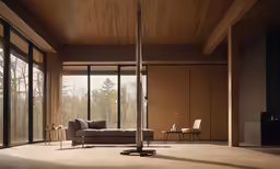 large open living room with two sofas and wood walls