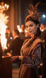 a woman wearing a costume and feather headpiece