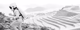 a black and white image of a man wearing a helmet in the mountains
