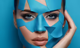 beautiful young woman with blue face painted like abstract shapes
