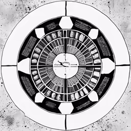 a black and white illustration with a clock in the middle
