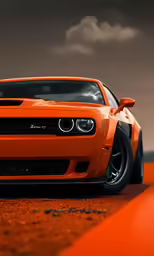 the front end of an orange colored car