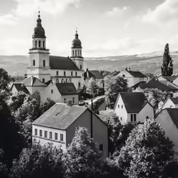 a black and white photo of a small town
