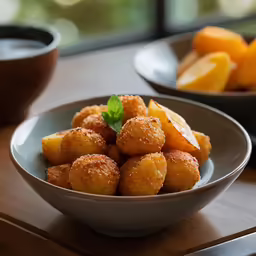 two plates of food with fruits, one is orange and one has fruit