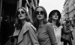 three woman in sunglasses stand on the sidewalk while others walk past