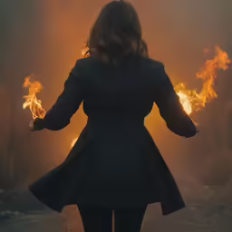 a person standing with their arms out in front of flames