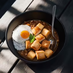 fried egg, beans and tofu with a fork in the bowl