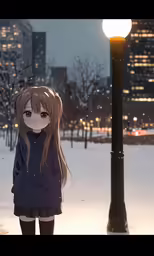 a girl looking down in a snowy city
