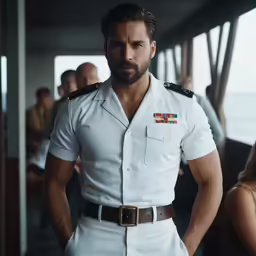 a man in a uniform stands near people