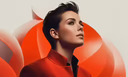 a woman in red stands with her hair styled up