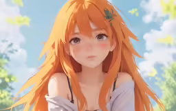 a red haired girl with long hair in front of trees