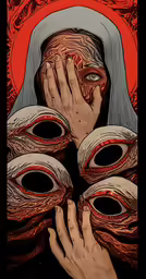 a woman with hands covering her face behind two spirals