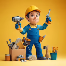 a smiling person holding a drill and a toy