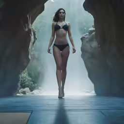 a women wearing lingerie walking in a cave