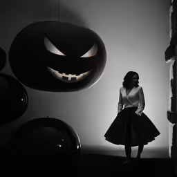 a woman in black dress standing next to a wall with a halloween pumpkin head hanging from it