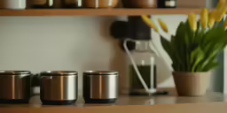 a row of four stainless steal pots on a table